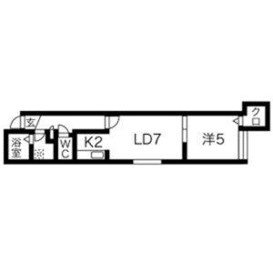 1LDKの間取り図（LD7帖・K2帖・洋室5帖）