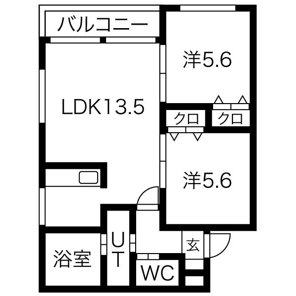 LDK13.5帖と洋室5.6帖が2室の原図です。