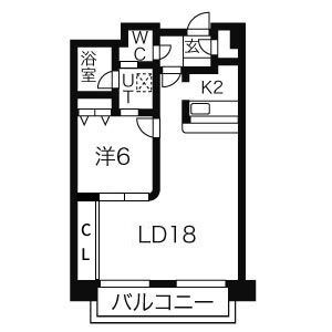 LD18帖・K2帖・洋室6帖の1LDK。