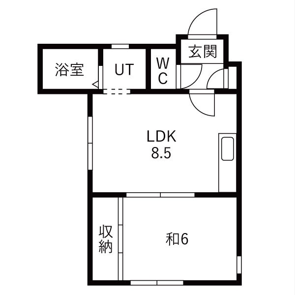 101号室の間取り（DK8.5帖・和室6帖）