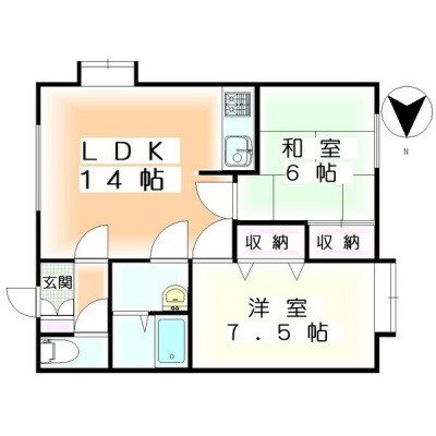 LDK14帖・洋室7.5帖・和室6帖の2LDK間取り