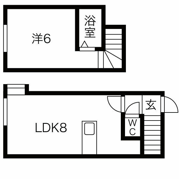 107号室・LDK8帖と洋室6帖のメゾネット