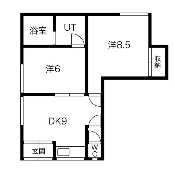 2DK・49.41㎡。DK9帖、洋室8.5帖・6帖。