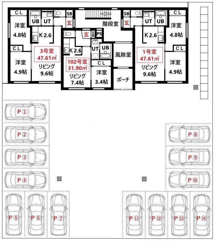敷地・駐車配置と1階各室図