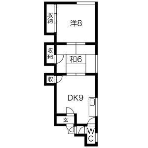 202号室の間取り。DK9帖・和室6帖・洋室8帖の2DKです。
