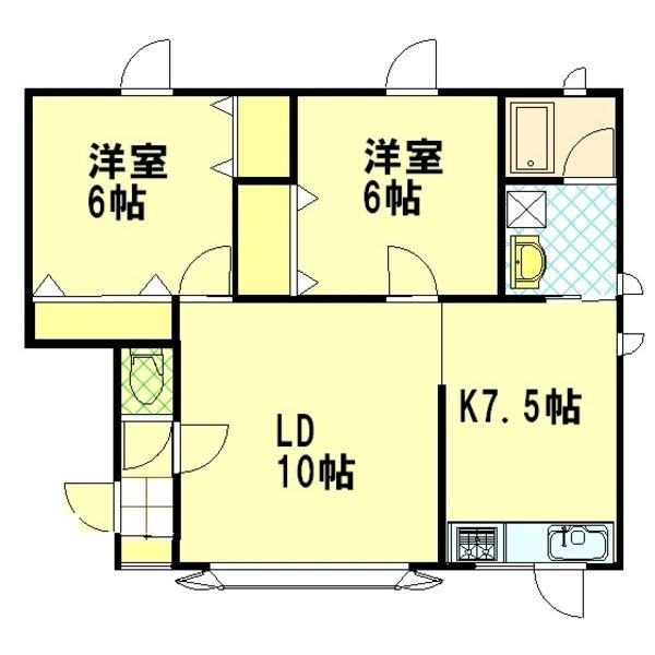 102号室・LD10帖K7.5帖と洋室6帖2室