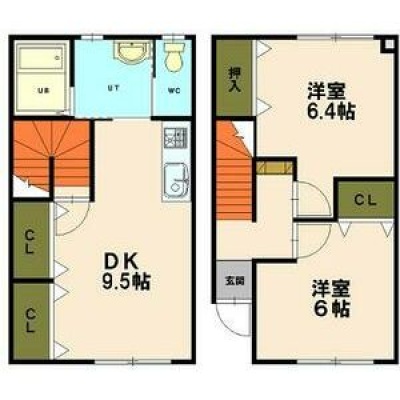 1階DK・2階に洋室2部屋の間取り