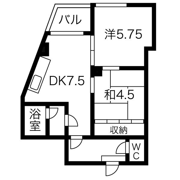 DK7.5帖・洋室5.75帖・和室4.5帖の2DK