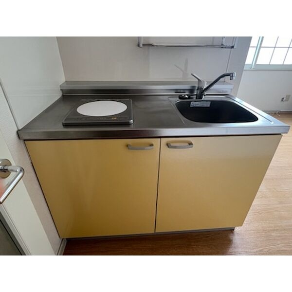 電気コンロと収納を備えたキッチン。
