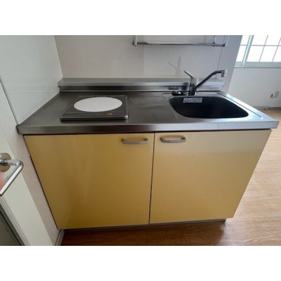 電気コンロと収納を備えたキッチン。