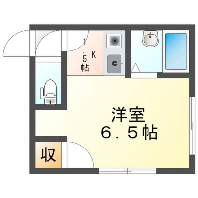 洋室6.5帖・キッチン1.5帖の1K。ロフトもある間取りです。