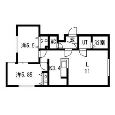 洋室2室を備えた2LDKの間取り