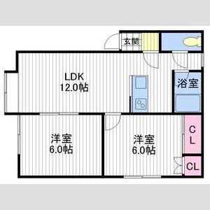 LDK12帖・洋室6帖2室の間取り