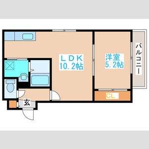 LDK10.2帖・洋室5.2帖、35㎡の1LDK。バルコニー付きです。