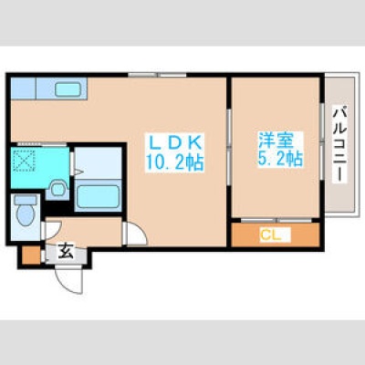 LDK10.2帖・洋室5.2帖、35㎡の1LDK。バルコニー付きです。