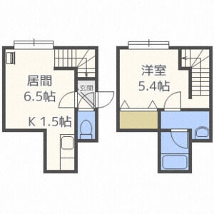 105号室の間取り。LD6.5・K1.5・洋5.4帖。