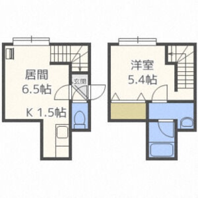 105号室の間取り。LD6.5・K1.5・洋5.4帖。