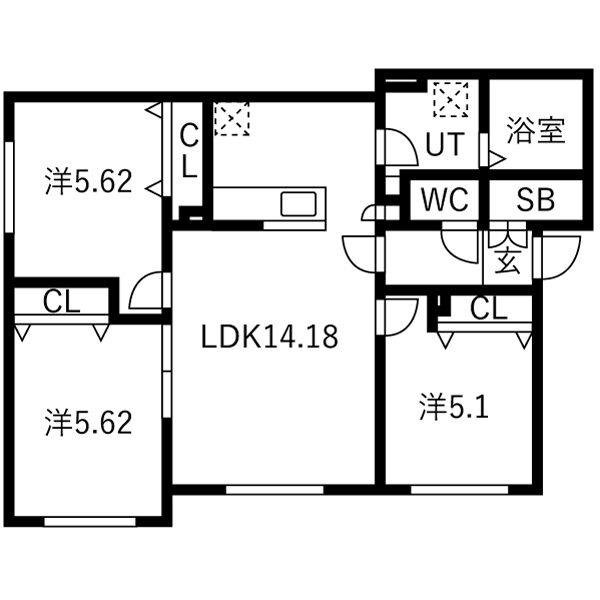 101号室の3LDK間取り。現況を優先します。