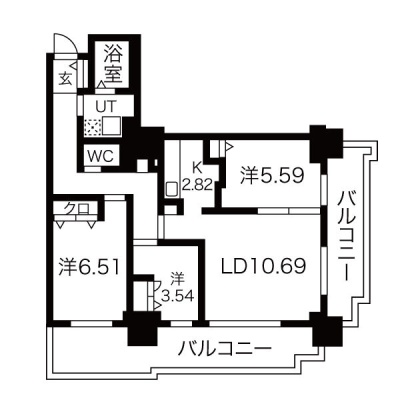 405号室・67.38㎡の3LDK間取り。