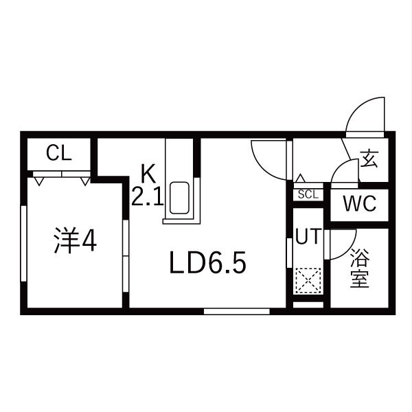 101号室間取り：LD6.5・K2.1・洋4