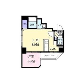 301号室間取り：LD8帖・K2.2帖・洋室3.9帖