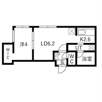 303号室の間取り。LD6.2帖・K2.6帖・洋室4帖