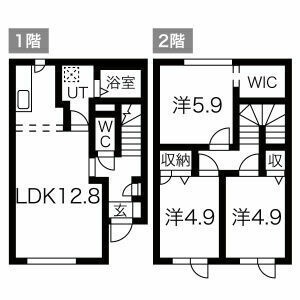 1階LDKと2階洋室3部屋の間取り