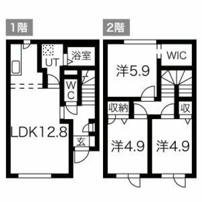 1階LDKと2階洋室3部屋の間取り