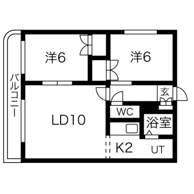 2LDK：LD10帖・K2帖・洋室6帖が2室