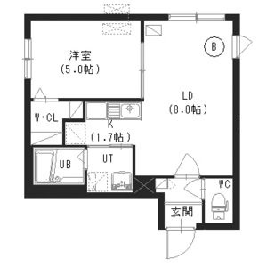 1LDK：LD8帖・K1.7帖・洋室5帖