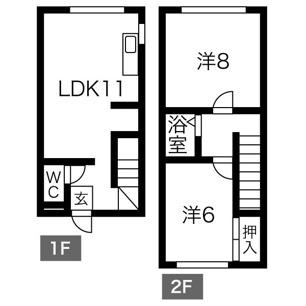 1階LDK11帖・2階洋室8帖と6帖の間取り。