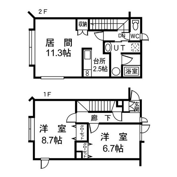 1階に洋室2室、2階に居間・台所の間取り。
