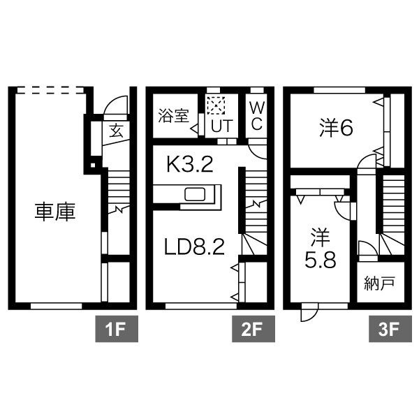 1階車庫・2階LDK水回り・3階洋室2室と納戸。