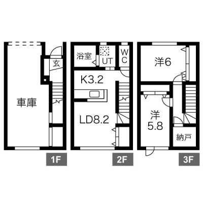 1階車庫・2階LDK水回り・3階洋室2室と納戸。