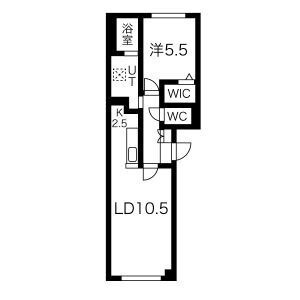 1LDKの間取り（LD10.5帖・K2.5帖・洋室5.5帖）