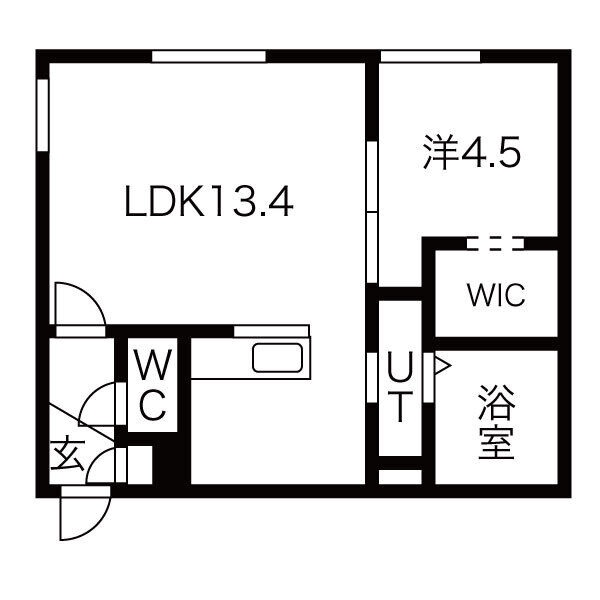 407号室・LDK13.4帖、洋室4.5帖、WIC付き