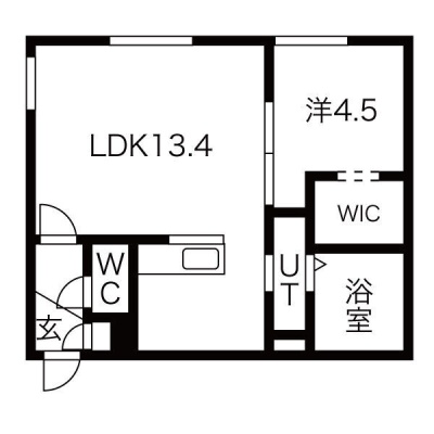 407号室・LDK13.4帖、洋室4.5帖、WIC付き