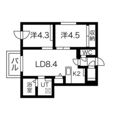 403号室・LD8.4帖と洋室2室の2LDK