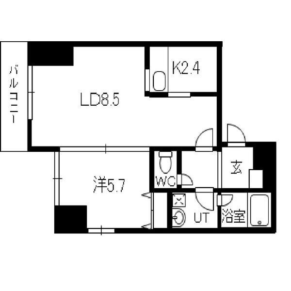 1LDK・LD8.5帖、K2.4帖、洋室5.7帖