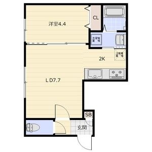 201号室（3階部分）・1LDK31.03㎡。LD7.7帖、洋室4.4帖、K2帖