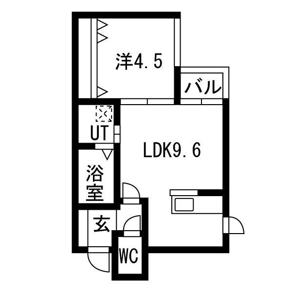 間取り：LDK9.6帖・洋室4.5帖、33.44㎡の1LDKです。