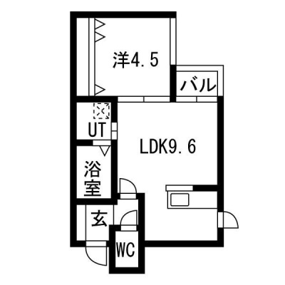 間取り：LDK9.6帖・洋室4.5帖、33.44㎡の1LDKです。