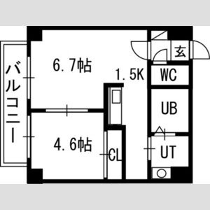 401号室の間取図。LD6.7帖・K1.5帖・洋室4.6帖
