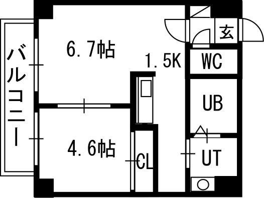 201号室の間取図。LD6.7帖・K1.5帖・洋室4.6帖