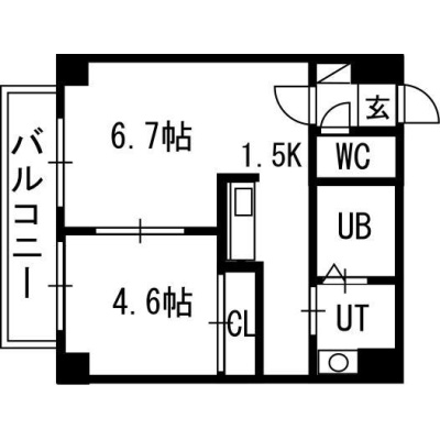 201号室の間取図。LD6.7帖・K1.5帖・洋室4.6帖