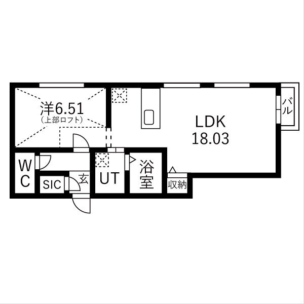 201号室の間取り図。書斎・収納とロフトの配置をご覧ください。