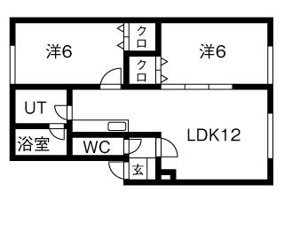 102号室の間取り図。LDK12帖と洋室6帖2部屋の配置です。
