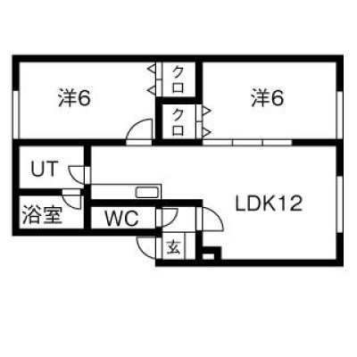 102号室の間取り図。LDK12帖と洋室6帖2部屋の配置です。