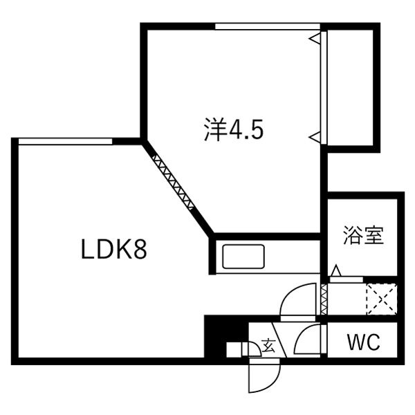 103号室の間取り図。8帖のLDKと4.5帖の洋室を備えた1LDKです。