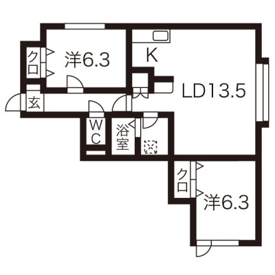 参考間取り図。LD13.5帖・K2.3帖、洋室6.3帖が2部屋の2LDKです。